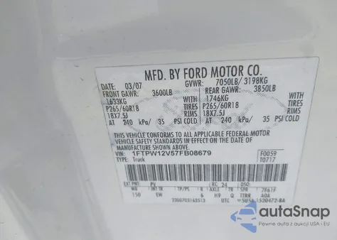 2007 Ford F-150 Lariat/Xlt z USA, uszkodzony, nr VIN 1FTPW12V57FB08679